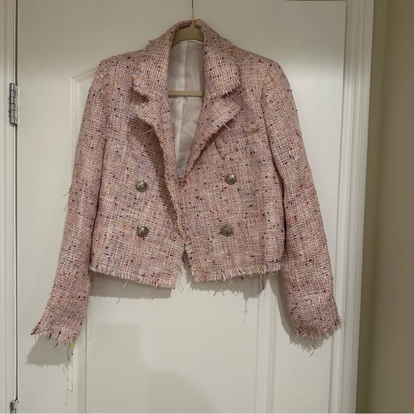 Aqua Tweed Double Breasted Cropped Blazer - Picture 3 of 10